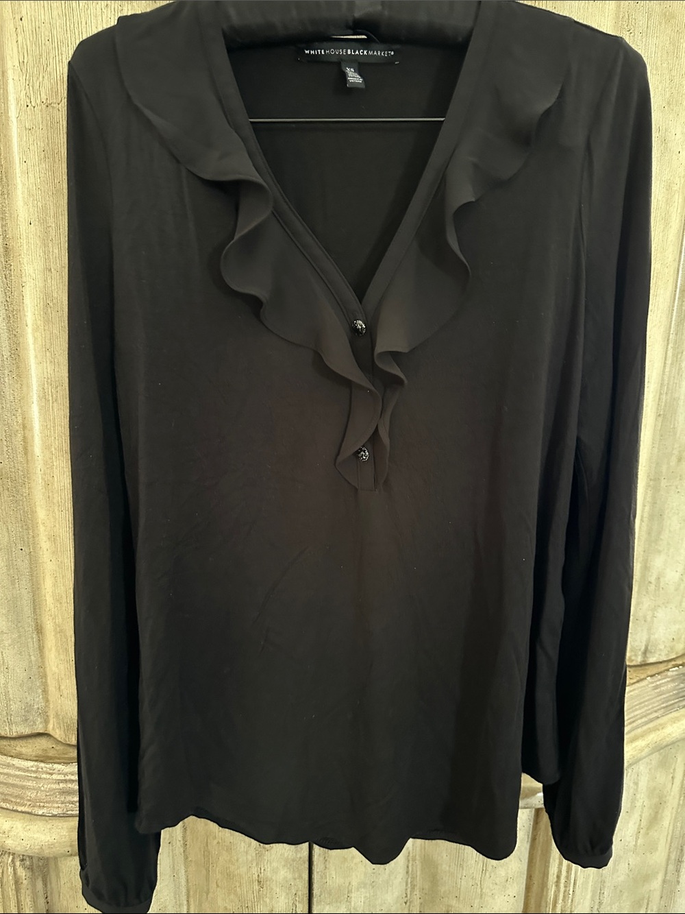 White House Black Market Black Ruffle-Trim V-Neck Long Sleeve Blouse